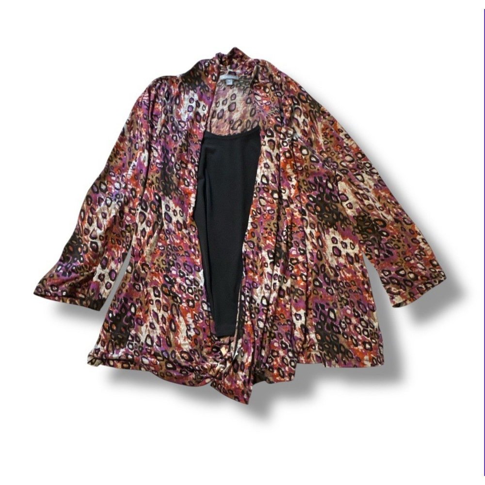 Essentials Layered Top Women 3X Black Animal Print Ruffle Cardigan Boho Chic